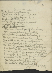 Draft of ‘Break of Day in the Trenches’ enclosed in a letter to Gordon Bottomley, July 1916. This item is from The First World War Poetry Digital Archive, University of Oxford (www.oucs.ox.ac.uk/ww1lit); © The British Library / The Laurence Binyon Literary Estate / The Gordon Bottomley Literary Estate